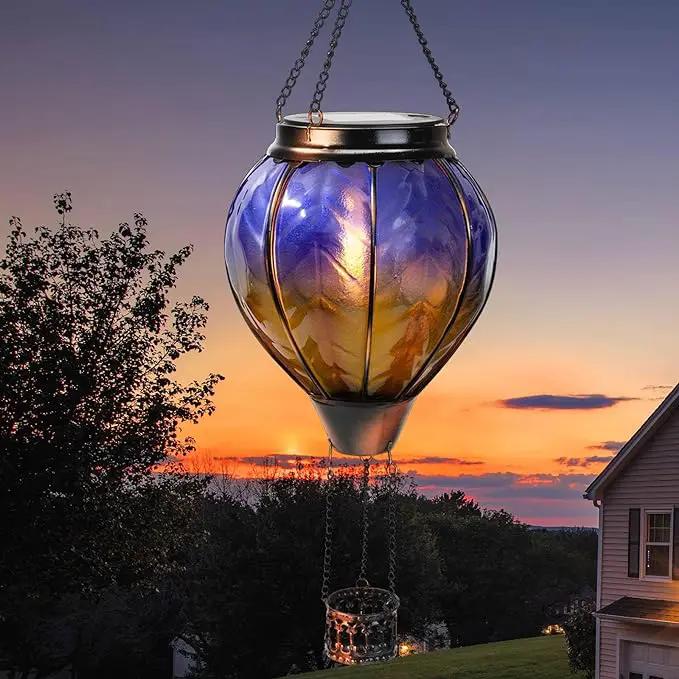 pearlstar Hot Air Balloon Solar Lantern with Flickering Flame Light, Outdoor Solar Hanging Lights Waterproof for Garden Yard Patio Farmhouse Decoration,Stained Glass Blue by GreenHaven Gardens
