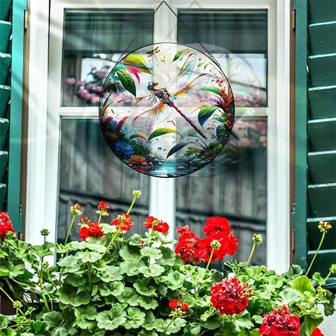 RIVEENY Stained Glass Window Hangings, 8" Stained Glass Decorations, Dragonfly Suncatcher for Indoor Garden Window Home Decor Dragonfly Gifts for Grandma,Mom by GreenHaven Gardens
