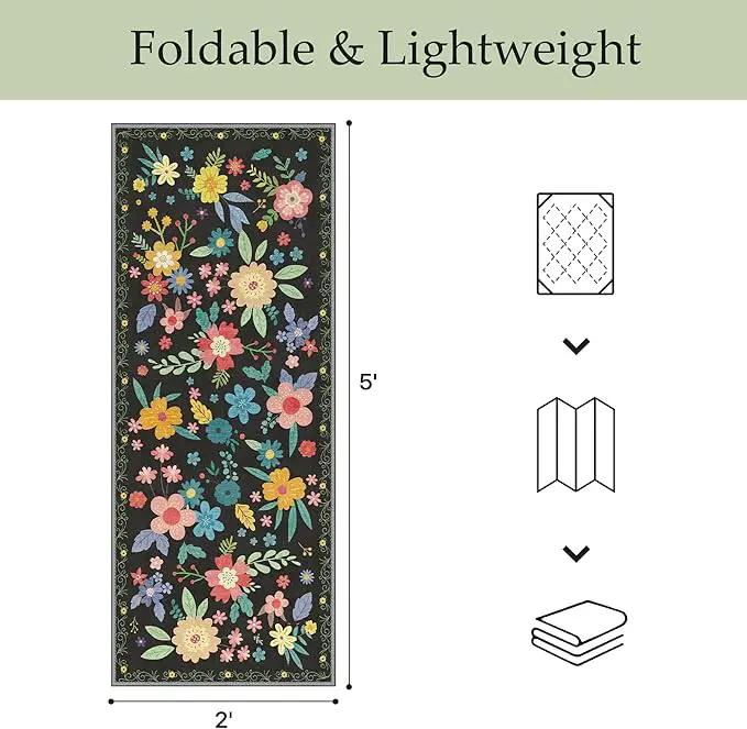 GENIMO Indoor Outdoor Area Rug 2' X 5' Waterproof, Washable Runner Rug Non Shedding, Easy Cleaning Floral Outdoor Carpet for Patio, Living Room, Bedroom, Entryway, Porch, Dining Room, Black by GreenHaven Gardens