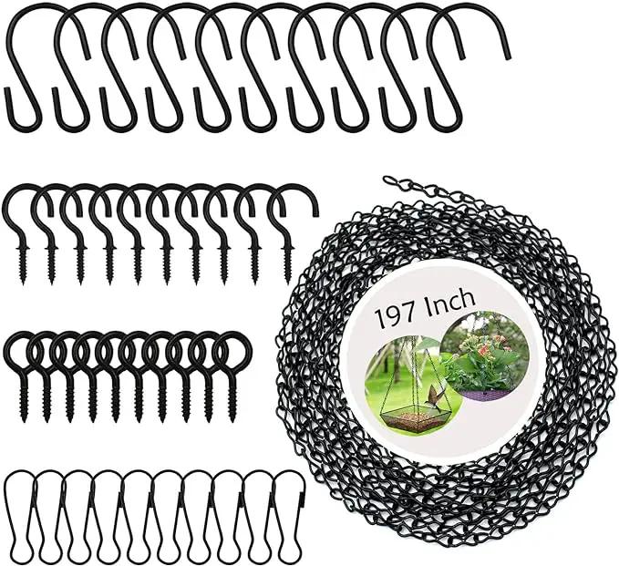 197 Inch Black Metal Hanging Chains and Hanging Basket Hooks Set for Bird Feeders, Birdbaths, Planters, Grow Lights, Lanterns, Wind Chime and Ornaments, Screw Eye Hooks, Chain Hooks DIY by GreenHaven Gardens