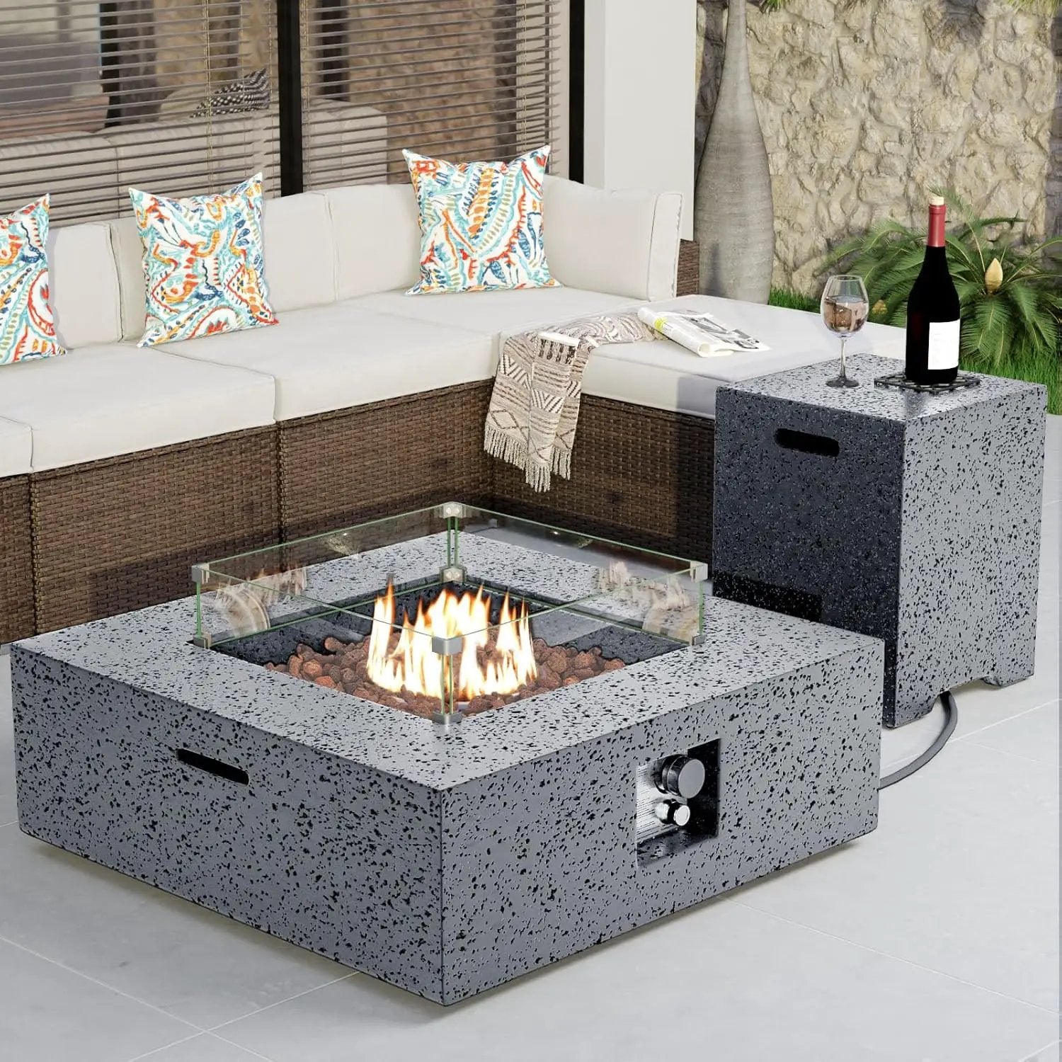 COSIEST Outdoor Propane Fire Pit Coffee Table w Square Faux Stone 35-inch Base, CSA Certified, 50,000 BTU Stainless Steel Burner, Free Lava Rocks and Rain Cover, Wind Guard, Tank Cover,Gray by GreenHaven Gardens