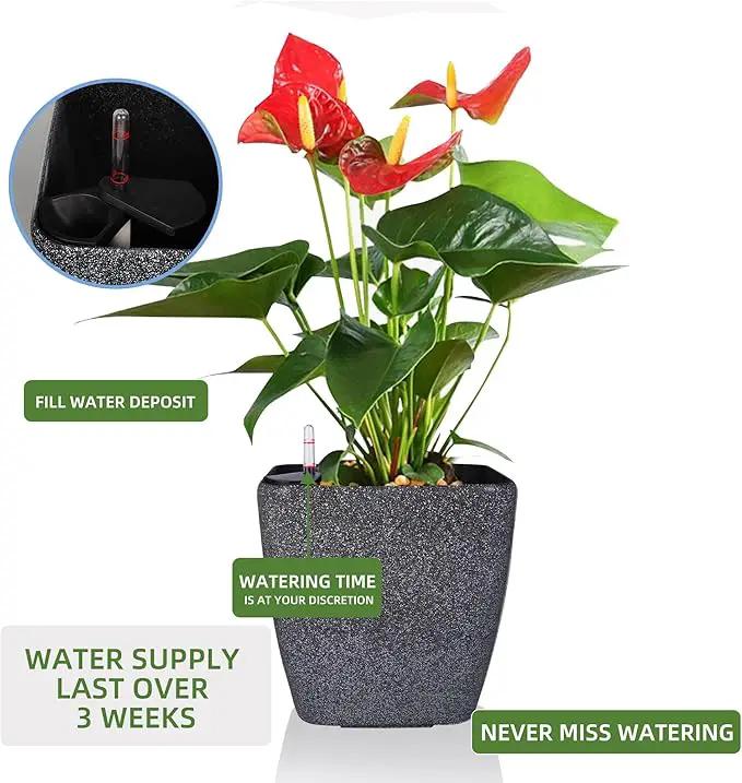 Dexceder 15x14 Self Watering Planter with Wheels Indoor Outdoor, Inner Mat Design, Thickened Large Floor Standing Flower Plant Pot with Water Level Indicator (Stone Matte) by GreenHaven Gardens
