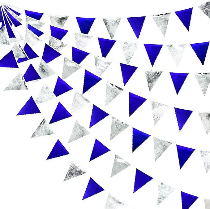 Royal Blue Silver Party Decorations Navy Blue Triangle Pennant Banner Flag Metallic Fabric Bunting Garland for Birthday Graduation Wedding Retirement Nautical Ahoy Achor Pirate Theme Party Supplies by GreenHaven Gardens