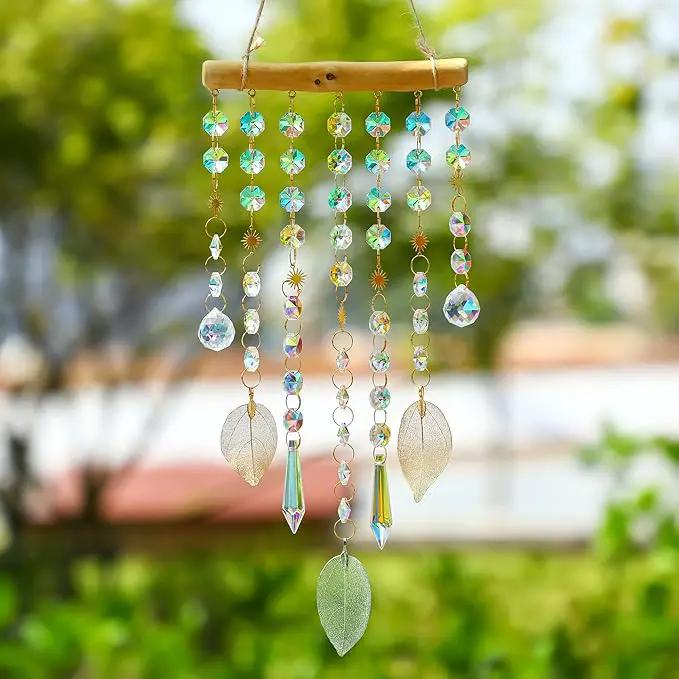 HDCRYSTALGIFTS Hanging Window Suncatcher Rainbow Maker Glass Crystal Mobile Wind Chimes with AB Prisms & Natural Leaf Drops Autumn Home Wall Art Decoration Gift by GreenHaven Gardens