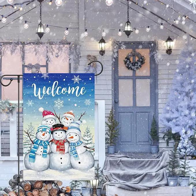 Welcome Winter Garden Flag Double Sided Sonwman 12x18 Inch Small Burlap Welcome Holiday Yard Outdoor Outside House Decoration by GreenHaven Gardens