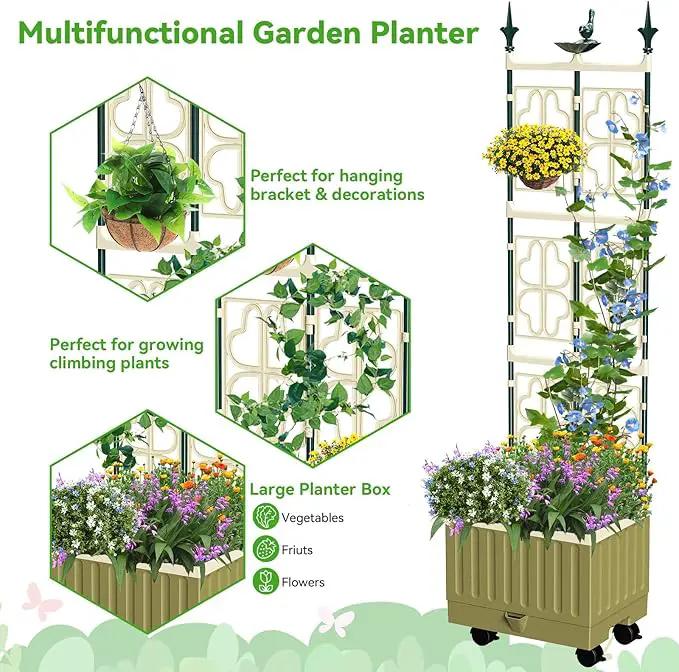 Tomato Planter with Trellis,61.4" Self-Watering Tomato Cage Raised Garden Bed Planter Box with Trellis & Wheels for Climbing Plants Vegetable Vine Flowers by GreenHaven Gardens