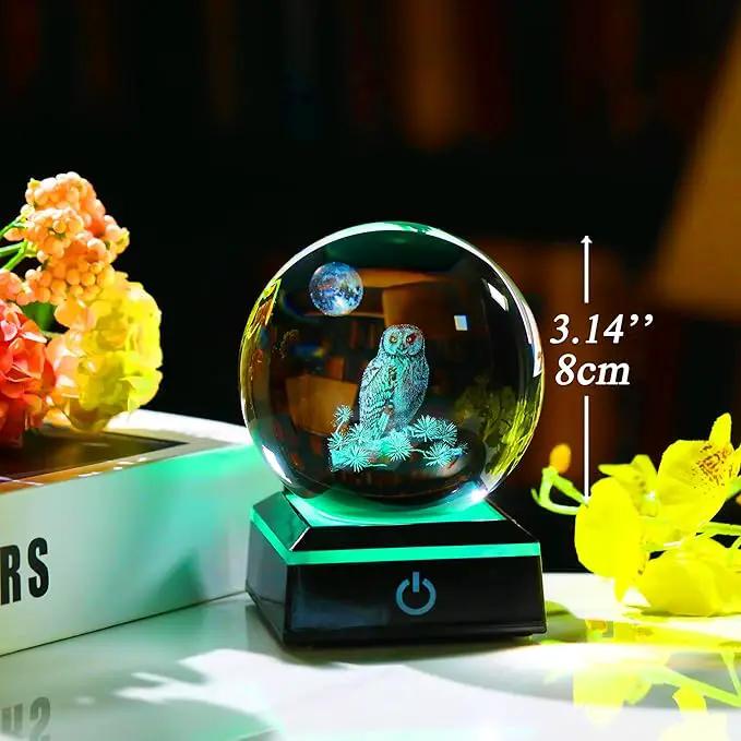 Qianwei Owl Gifts for Women 3D Crystal Ball 3.14'' - Laser Owl Decor Glass Animals Bird Figurines Statue Stuff for Room Decorations Bird Night Light by GreenHaven Gardens
