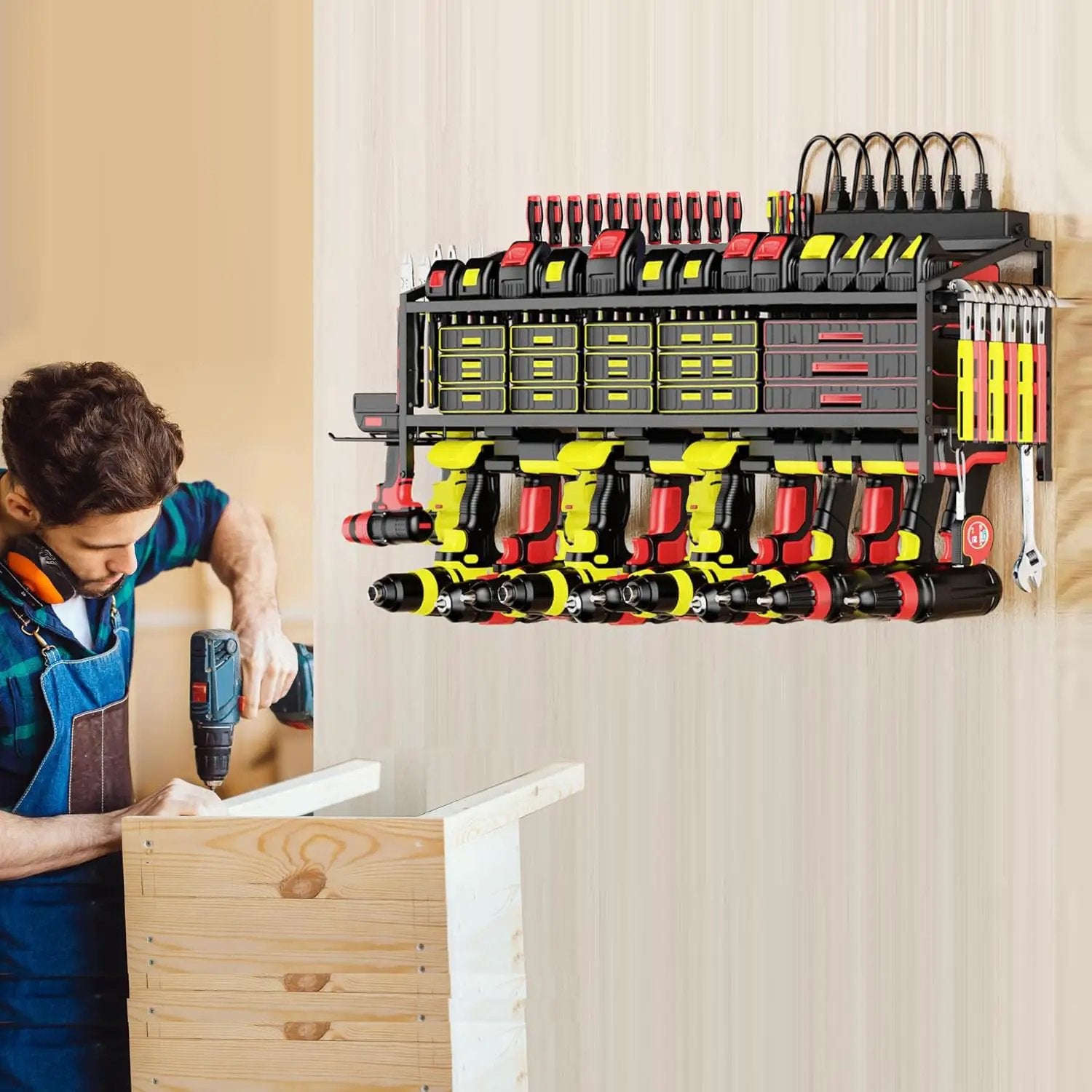 Power Tool Organizer Wall Mount with Charging Station, 3 Layer Storage Rack and Tool Holder for Garage Organization, 8 Drill Holder Wall Mount and 6 Outlet Power Strip by GreenHaven Gardens