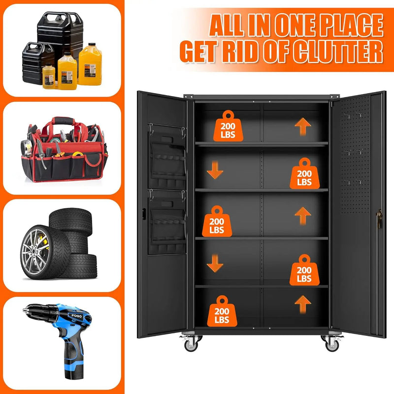 Aobabo Extra Large Cabinet on Wheels, Metal Storage Cabinet with Pegboards, Steel 2 Handles Locking Doors and Adjustable Shelves, for Garage Office, Black, 43.3''W x 21.6''D x 72''H, Assembly Required by GreenHaven Gardens