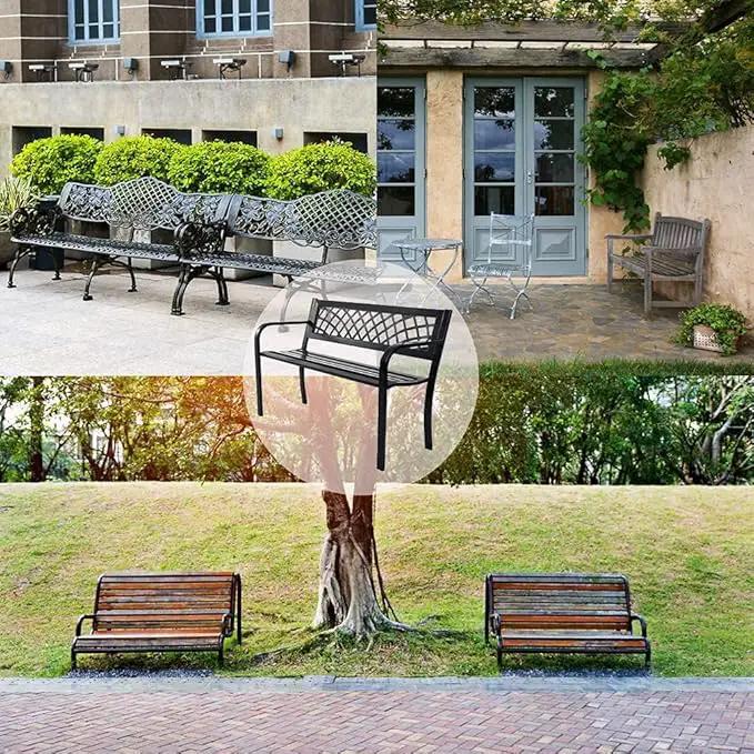 Garden Bench,Outdoor Benches,Iron Steel Frame Patio Bench with Mesh Pattern and Plastic Backrest Armrests for Lawn Yard Porch Work Entryway,Black by GreenHaven Gardens