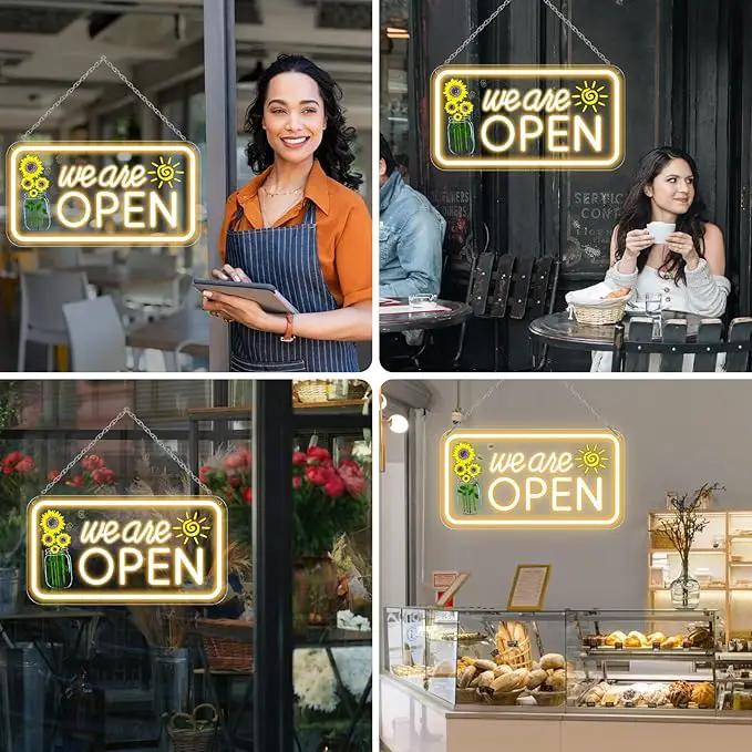 Neon We Are Open Signs for Business, 16.5x9'' Open Sign with Printed Flower and Sun, with ON/OFF Switch & Adapter, Warm White, Ideal for Window, Party, Wall, Bars, Coffee Shops, Salons, Clubs, Hotels by GreenHaven Gardens