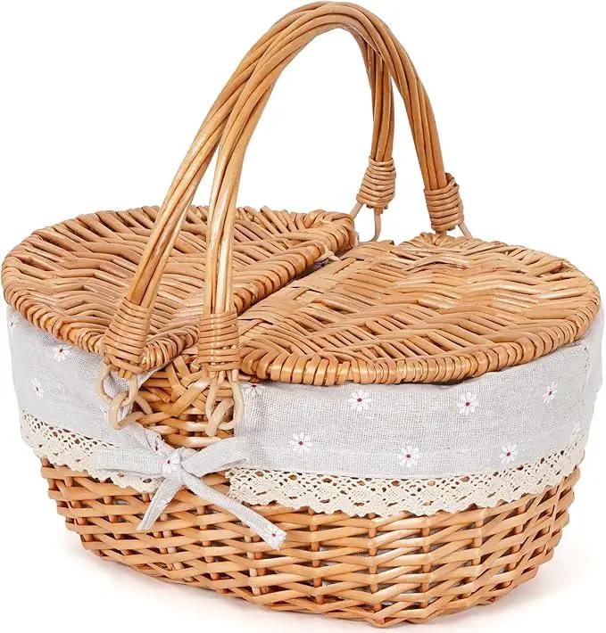 Happypicnic 12" Picnic Basket - Small Wicker Basket with Foldable Handle Lid & Removable Liner | Cute Picnic Basket Toy Empty for Kids, Gift, Halloween, Christmas, Valentines, Easter, Birthday, Flower by GreenHaven Gardens