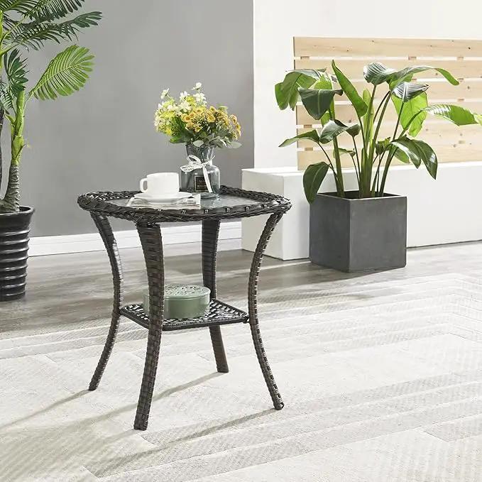 Patio Tables Wicker Side Table - Rattan End Table with Glass Top for Outdoor Outside Patio Porch Deck Square Brown by GreenHaven Gardens