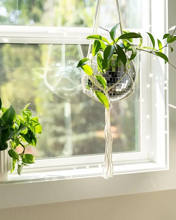 Hanging Disco Ball Planter 8" - with Acrylic Stand and Macrame Plant Hanger - Home Décor, Room Décor, Patio or Boho Décor, Mirror Disco Planter, Disco Decor (8" with Base) by GreenHaven Gardens