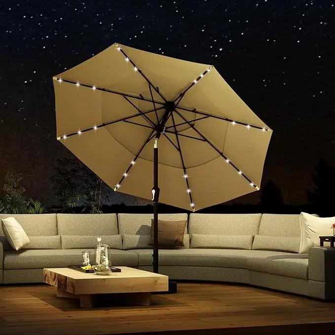 Kingdura 9ft 3-Tier Patio Umbrella with Solar Lights, Table Umbrella Outdoor Patio with Easy Crank & Tilt, 8 Sturdy Ribs, UV Protection, 32 LED Lights for Deck, Poolside, Market (Beige) by GreenHaven Gardens