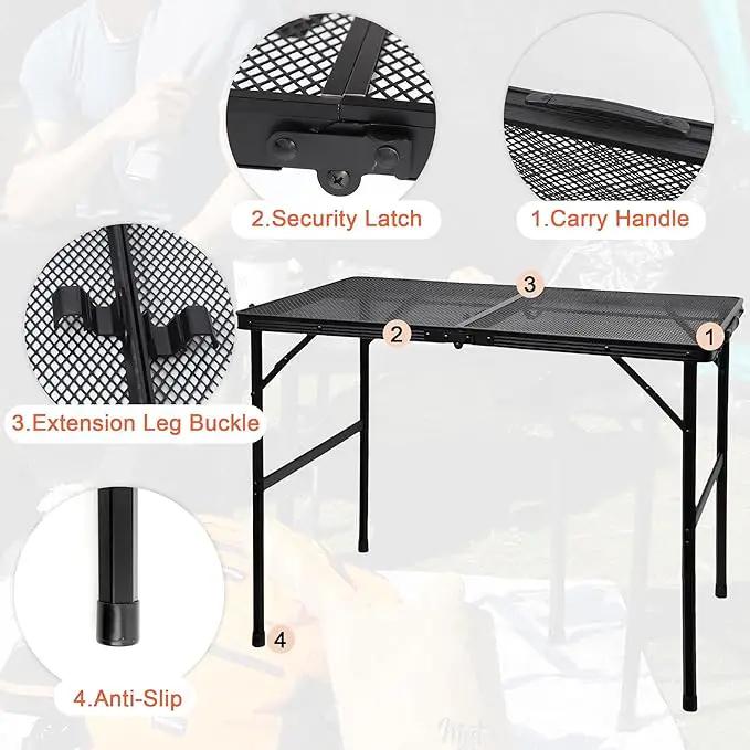 Camping Table with Mesh Desktop, Lightweight & Portable Folding Grill Table, Height Adjustable Metal Outdoor Table for Camp, Cooking, BBQ, RV, Picnic-4 FT Black by GreenHaven Gardens