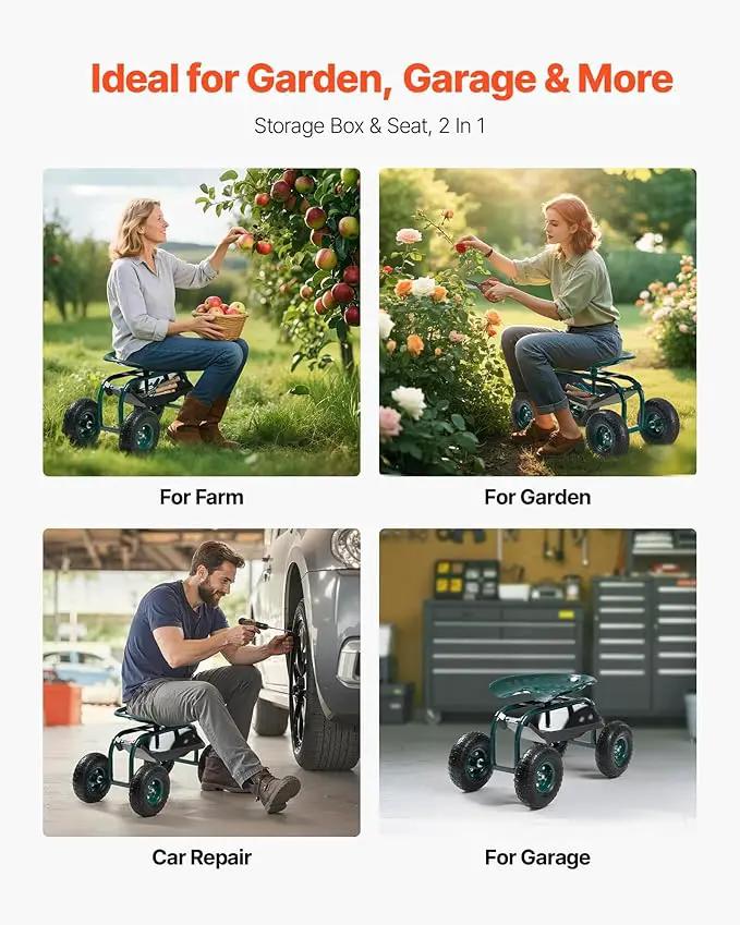 VEVOR Rolling Garden Cart with Swivel Seat, Heavy Duty Garden Seat with Storage Basket & Tool Tray, 300 lbs Weight Capacity, Outdoor Utility Gardening Stool Scooter for Lawn Yard Planting Weeding by GreenHaven Gardens