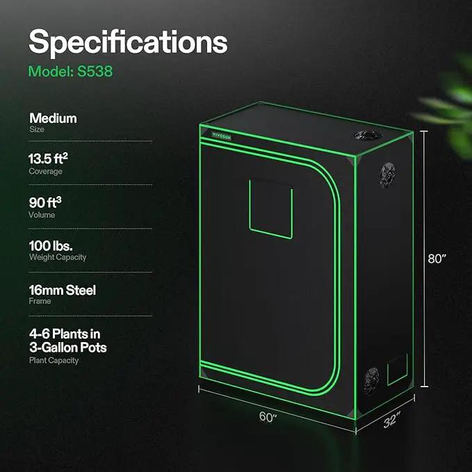 VIVOSUN S538 5x2 Grow Tent, 60"x32"x80" High Reflective Mylar with Observation Window and Floor Tray for Hydroponics Indoor Plant for VS2000/VSF4300 by GreenHaven Gardens