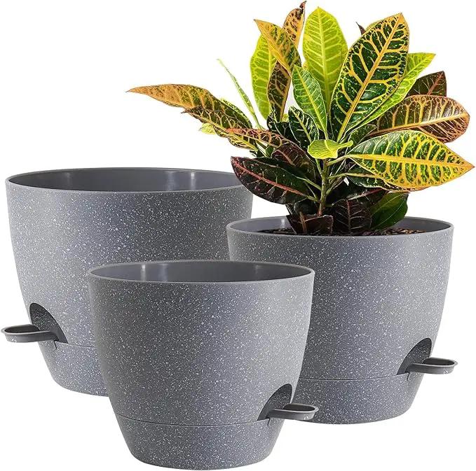 10/9/8 inch Self Watering Pots, Set of 3 Plastic Planters with Mesh Drainage Holes and Deep Reservoir for Indoor Outdoor Garden Plants and Flowers, Grey Speckles by GreenHaven Gardens