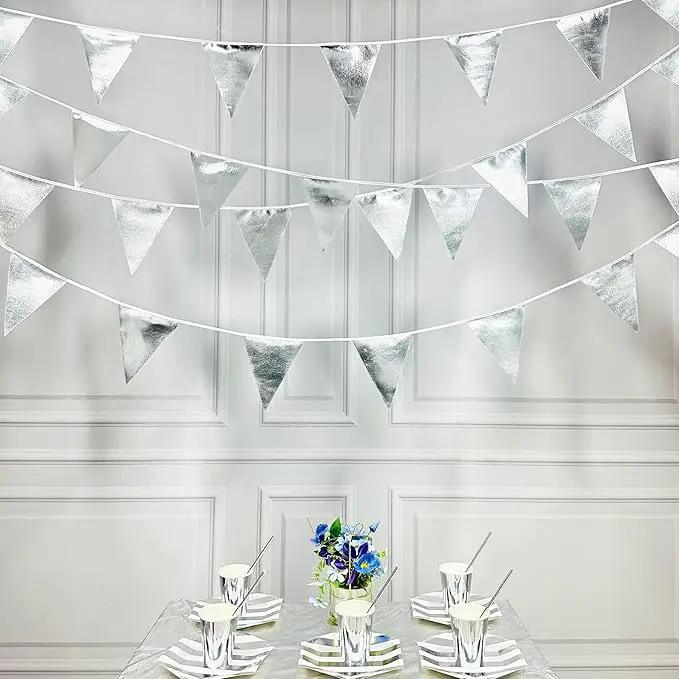 Silver Party Decorations Metallic Fabric Triangle Pennant Banner Silver Flag Bunting Garland for Graduation Birthday Wedding Bridal Shower Anniversary Engagement Bachelorette Party Decoration Supplies by GreenHaven Gardens