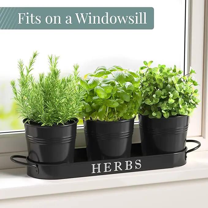 Barnyard Designs Indoor Herb Garden Planter Set with Tray, Metal Windowsill Plant Pots with Drainage for Outdoor or Indoor Plants, Set/3 (Black) by GreenHaven Gardens