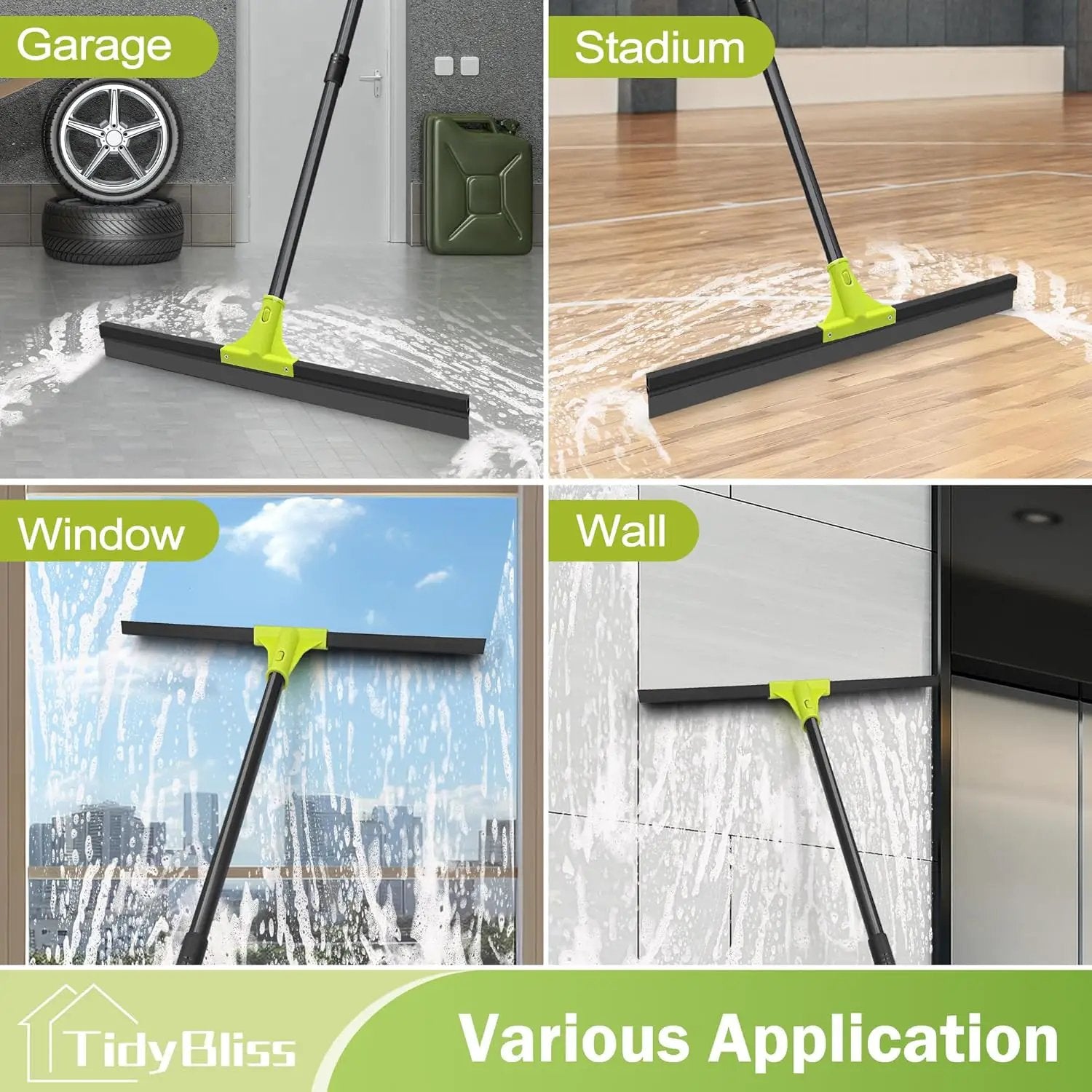 Floor Squeegee Heavy Duty, 24” Rubber Foam Water Scraper Broom, Epoxy Wiper Mop with 62 inches Long Handle for Cleaning Concrete Pool Rug Garage Deck Shower Window Outdoor Indoor (Green) by GreenHaven Gardens
