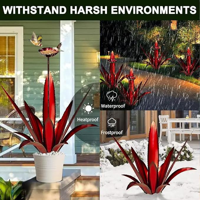 Upgraded Large Metal Yard Art, Metal Agave Plant Yard Decorations Outdoor Sculpture, Metal Flowers for Outside, Waterproof Outdoor Garden Decor (Red + Bird Feeder) by GreenHaven Gardens