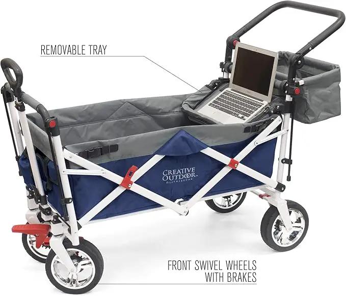 Creative Outdoor Wagon for Kids Push Pull Collapsible Stroller Folding Cart | Silver Series | Beach Park Garden & Tailgate | Navy Blue by GreenHaven Gardens