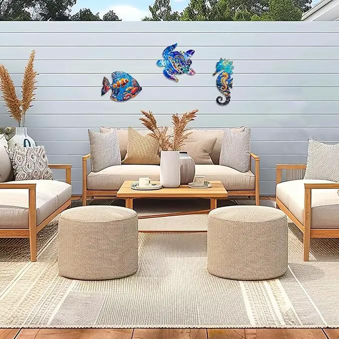 LIFFY Metal Fish Wall Decor Fish Metal Wall Art Ocean Themed Sea Turtle Fish Seahorse Coastal Wall Sculpture, Nautical Outdoor Decor For Garden, Fence, Patio, Pool,Beach,Bathroom (3 Pcs) by GreenHaven Gardens