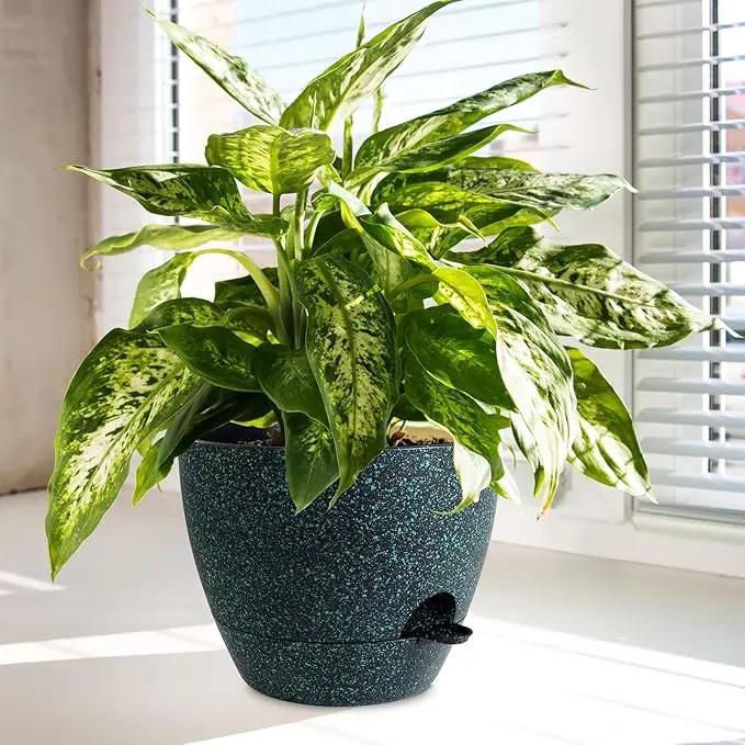 12/10/9 inch Large Self Watering Pots, Planter, Plant Pots with Mesh Drainage Holes for Indoor Outdoor Garden Plants, Plastic Flower Pots with Deep Reservoir, Black with Green Speckles by GreenHaven Gardens