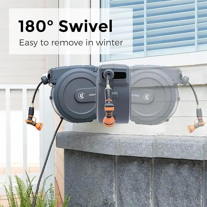Giraffe Tools AW405/8MB Retractable Garden Hose Reel 5/8" x 90 ft PRO Metal Bracket, Heavy Duty, Any Length Lock Hose Reel, 90ft, Dark Grey by GreenHaven Gardens
