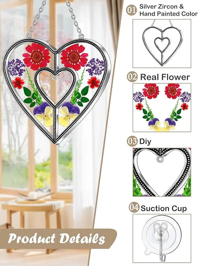 KY&BOSAM Heart Suncatchers DIY Stained Glass Hangings for Windows Wind Chimes Home Gardner Decor with Pressed Real Flowers Heart No Charm Birthday Gifts for Women Mother`s Day Christmas Ornamets by GreenHaven Gardens