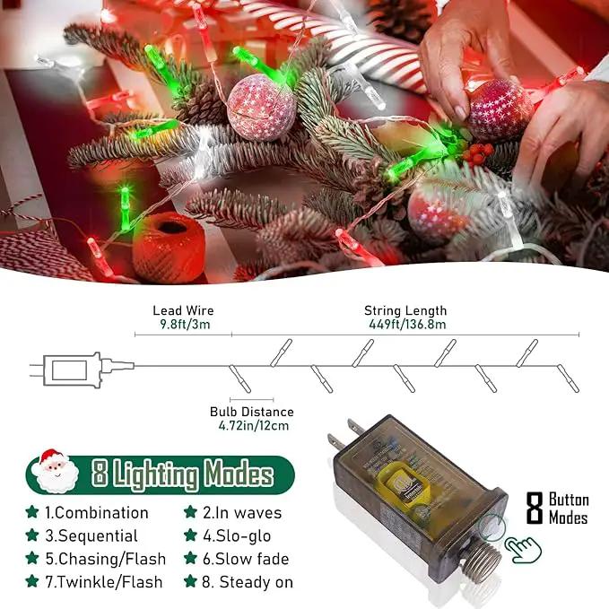 Heceltt 1140 LED 449 FT String Lights Outdoor, 8 Modes Christmas Lights Plug in, IP44 Waterproof Led String Lights with Timer and Memory for Home Party Tree Decorations (Red Green and White) by GreenHaven Gardens