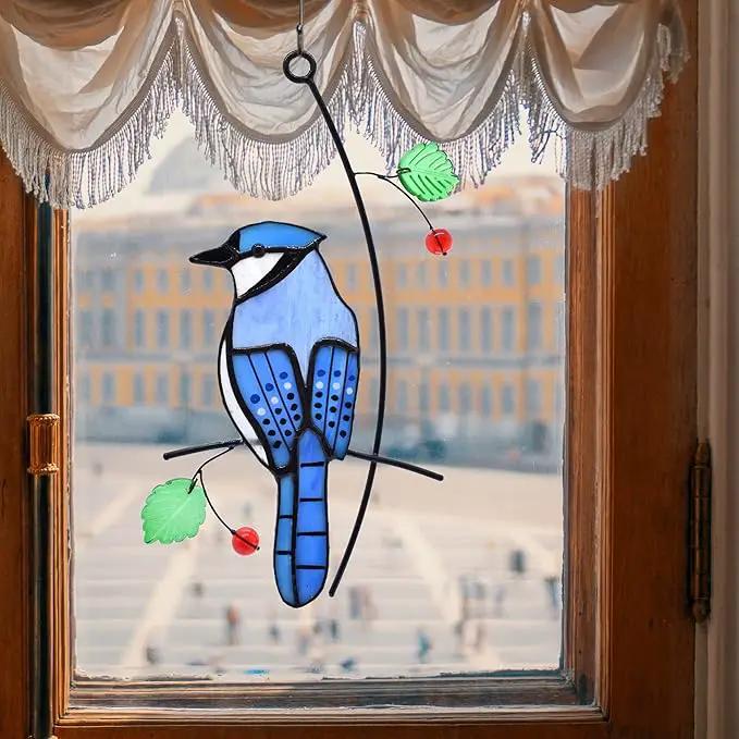 Lolitarcrafts Blue Jay Modern Stained Glass Window Hangings Blue Birds Suncathers for Window by GreenHaven Gardens