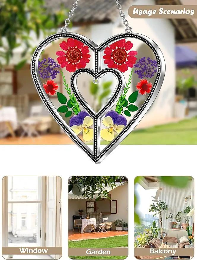 KY&BOSAM Heart Suncatchers DIY Stained Glass Hangings for Windows Wind Chimes Home Gardner Decor with Pressed Real Flowers Heart No Charm Birthday Gifts for Women Mother`s Day Christmas Ornamets by GreenHaven Gardens