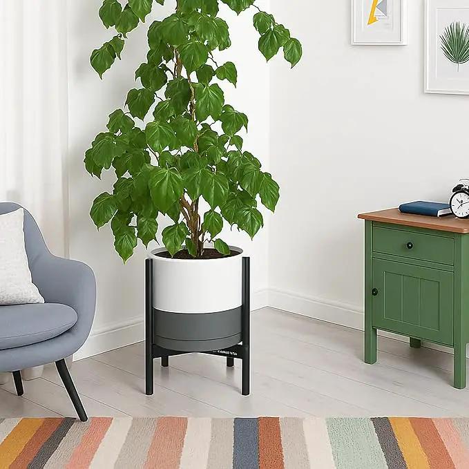 D'vine Dev Ceramic Planter with Ebony Stand - 12 Inch Modern Round Flower Pot with Wood Planter Holder, White/Grey, 55-B-H-6 by GreenHaven Gardens