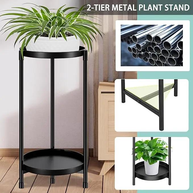Plant Stand indoor outdoor - 2 Tier black Tall Metal Flower Pot Holder Potted Display Rack - Heavy Duty Corner Plant Shelf for Patio Garden Balcony Living Room Bedroom by GreenHaven Gardens