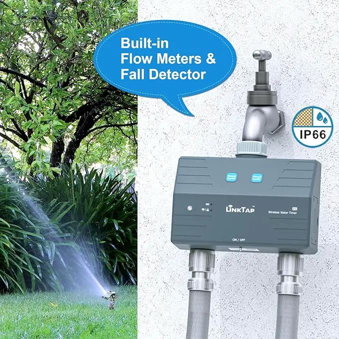 LinkTap D1 Wireless Water Timer & Gateway, 2 Zone Smart Hose Faucet Timer, Built-in Flow Meters, Real-Time Fault Detection & Notification, Weather Adaptive, Better Range Than WiFi, IP66, 2-Yr Warranty by GreenHaven Gardens