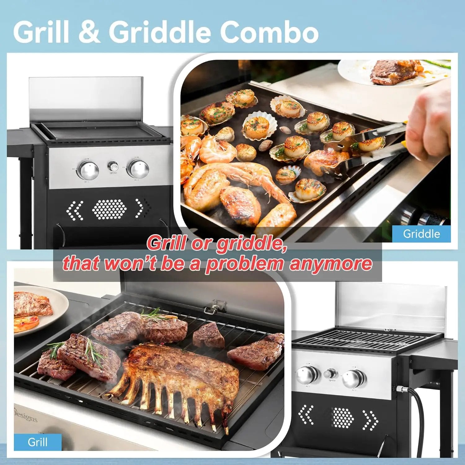 GREEN PARTY 2 Burner Griddle Grill Combo, 2 in 1 Propane Gas BBQ Grill w/Cast Iron Plate, 20,000 BTU Output Small Flat Top Propane Barbecue Grill for Camping, Patio, Backyard, Balcony by GreenHaven Gardens