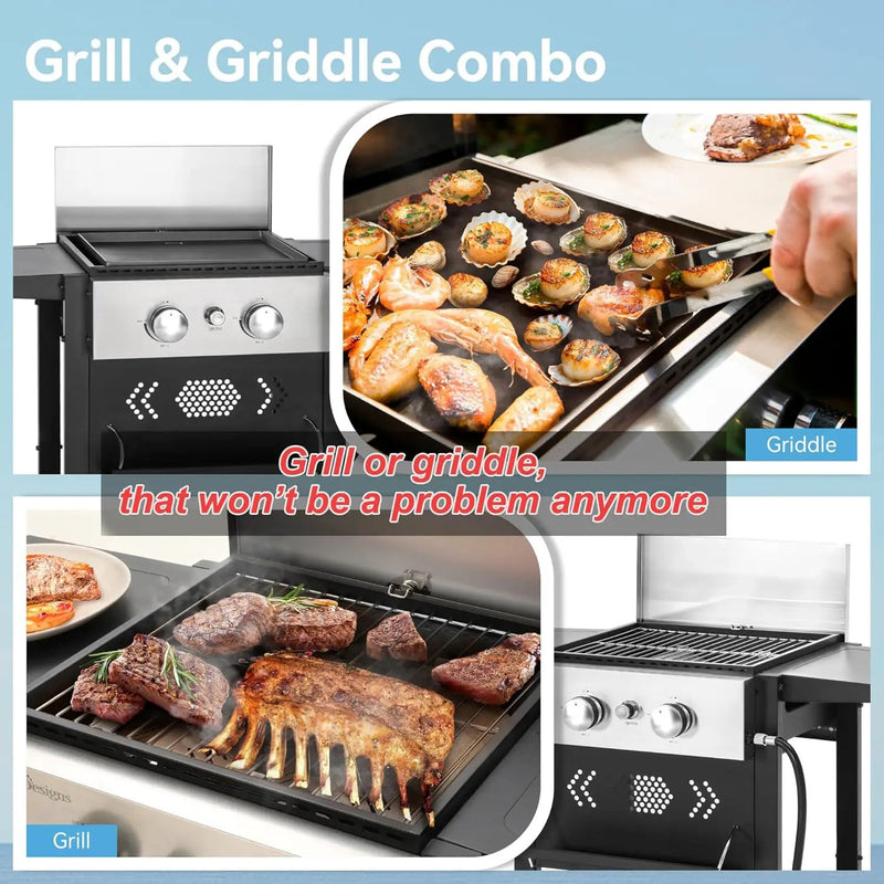 GREEN PARTY 2 Burner Griddle Grill Combo, 2 in 1 Propane Gas BBQ Grill w/Cast Iron Plate, 20,000 BTU Output Small Flat Top Propane Barbecue Grill for Camping, Patio, Backyard, Balcony by GreenHaven Gardens