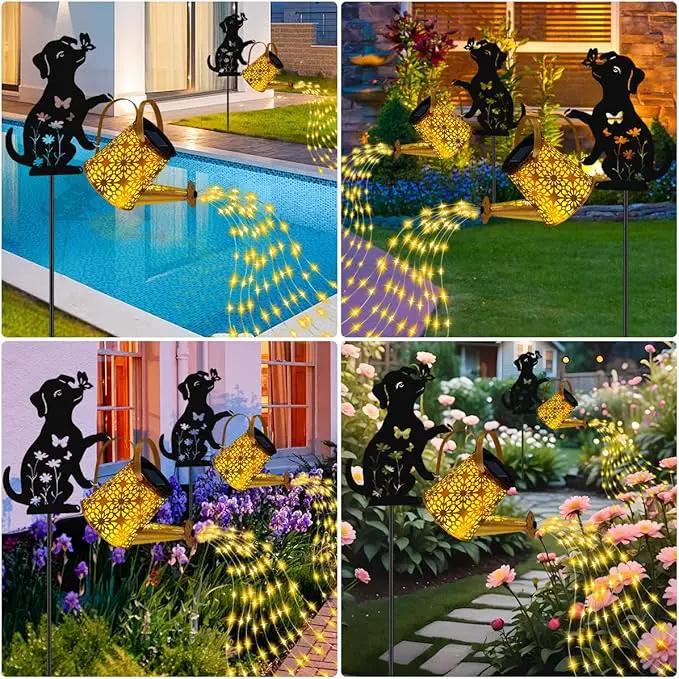 Solar Lights Outdoor Decorative, Watering Can with Cascading Lights, with Dog Silhouette Garden Stakes, Waterproof Metal Garden Decor for Yard Art, Outside, Patio, Lawn Ornaments by GreenHaven Gardens