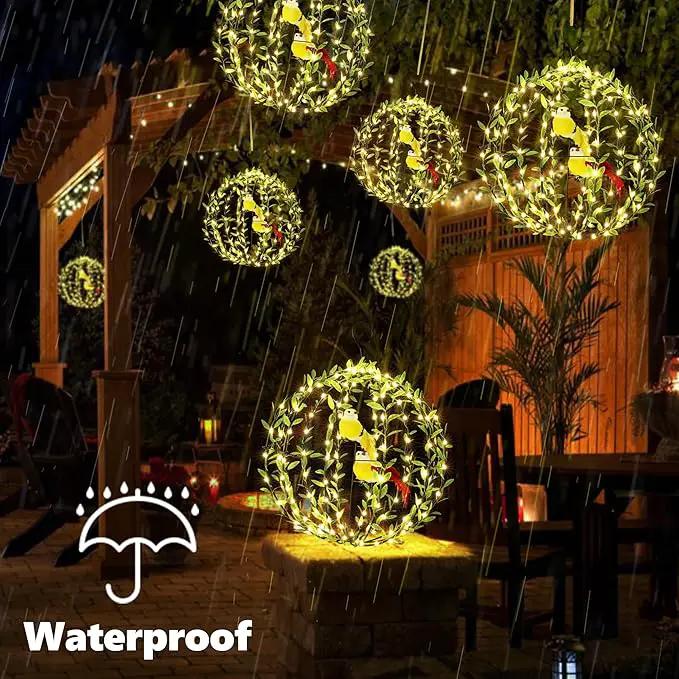 Joomer Solar Lights Outdoor, 2 Pack 12in 120 LED Solar Hanging Light Balls Outdoor, 8 Modes Waterproof Foldable Metal Sphere Light with Hook for Outside Hanging - Warm White(Ball with Green Leaf+Bird) by GreenHaven Gardens