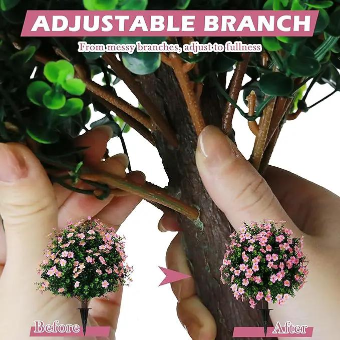 Sunnyglade Set of 2 Artificial Boxwood Topiary Ball Trees with Pink Flower, Faux Shrub Bushes with Ground Spike 25.5", UV Resistant Fake Boxwood Plants for Indoor, Garden, Porch, Patio Decor (Pink) by GreenHaven Gardens