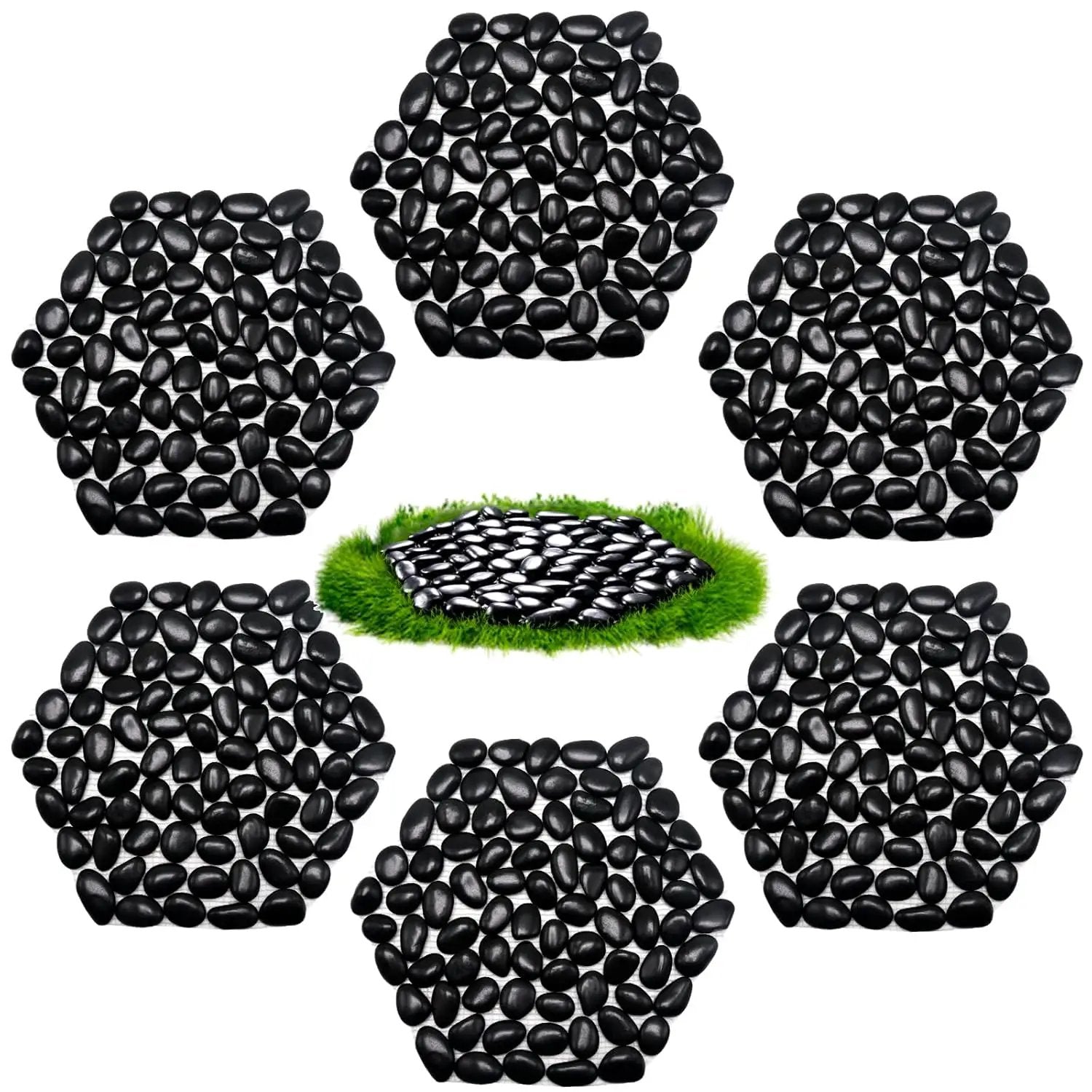 10in River Rock Stepping Stones Set - 6 Pack | Polished Pebble | Long-Lasting PVC Mesh Backing | Perfect for Garden Paths and Lawns Outdoor Landscaping Decoration | Black Rhombus by GreenHaven Gardens