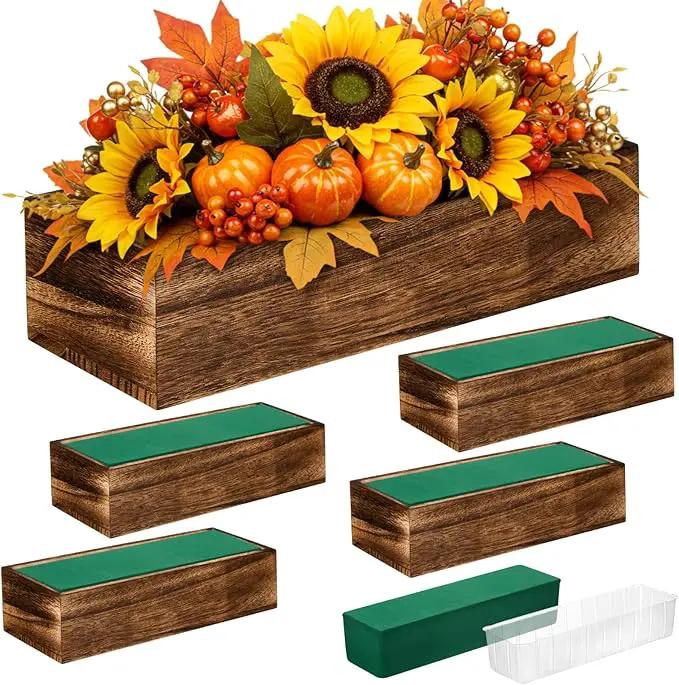 Dandat 5 Set Wood Boxes for Centerpieces Rectangle Wooden Planter Box Rustic Wood Planter with Removable Plastic Liner Floral Foam Blocks for Centerpieces Home Wedding Garden Decor (12x4 Inch) by GreenHaven Gardens