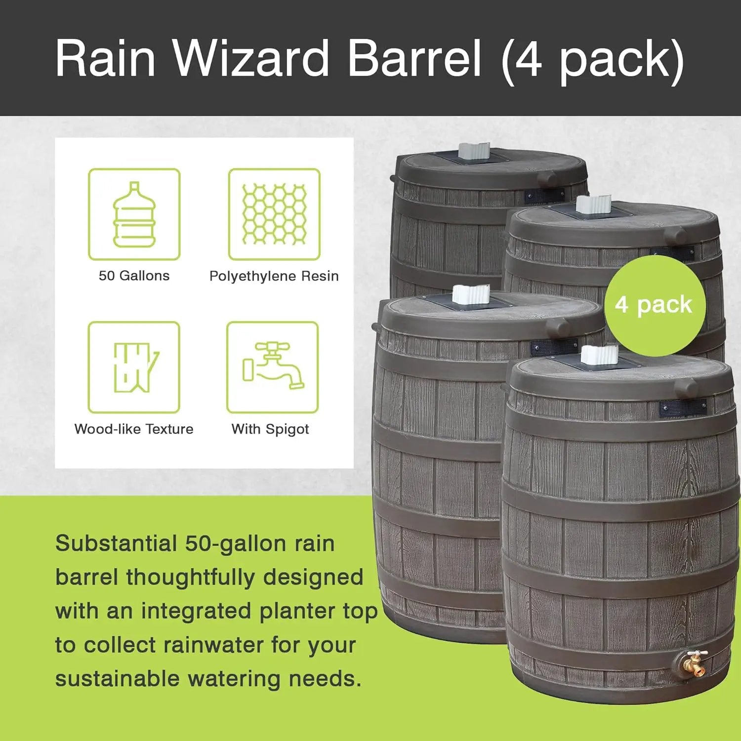 Good Ideas Rain Wizard 50 Gallon Plastic Outdoor Home Rain Barrel Water Storage Collector with Brass Spigot and Flat Back Design, Oak (4 Pack) by GreenHaven Gardens