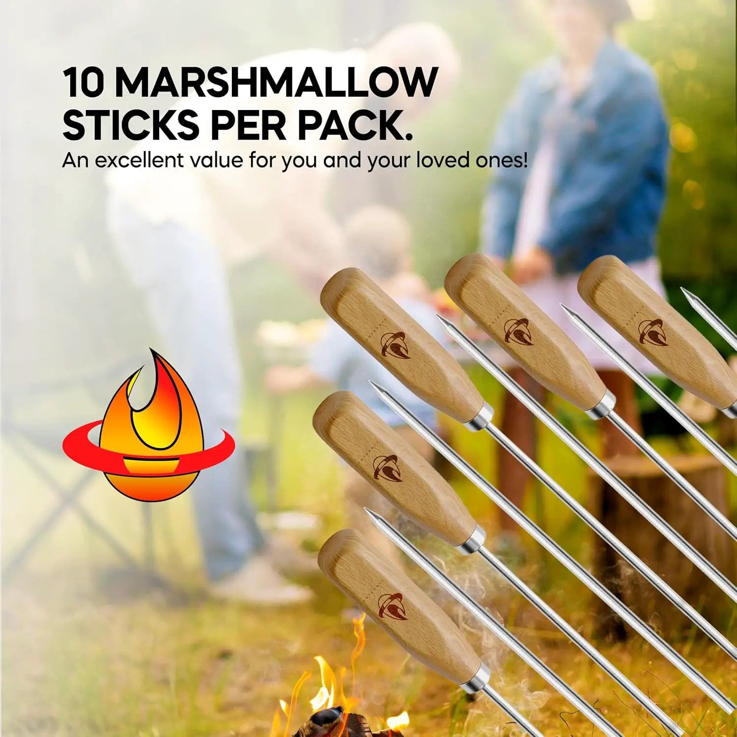 Marshmallow Sticks for Fire Pit - 34" Extra Long Roasting Smores Stick - Campfire Metal Skewers Roast Hot Dog Corn BBQ Utensil Holder Kit Outdoor Camping Accessories with Wooden Handle (10-Pack) by GreenHaven Gardens
