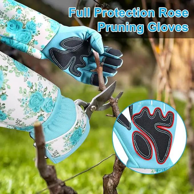 DLY Gardening Gloves for Women, Rose Gloves Gardening Thorn Proof, Long Garden Gloves for Women, Breathable & Durable Leather Gauntlet(Medium, Light Blue) by GreenHaven Gardens