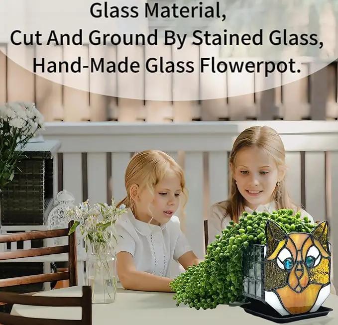 Stained Glass Yellow Cat Planter, Indoor Plant Tabletop Plant Display, Yellow Cat Small Plant Pot, Cat Terrarium Decor, Cat Decor Gift 4.6x3x5.15 in(Excluding Plants) by GreenHaven Gardens