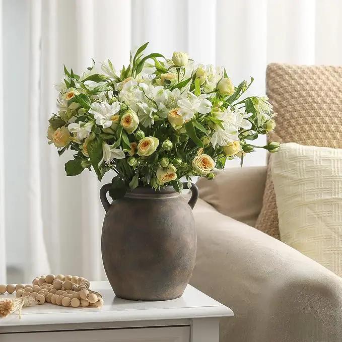 Ceramic Flower Vase 7.6 inch Farmhouse Rustic Vase Decorative Pottery Terracotta Vases for Home Decor Table Mantle Fireplace Living Room Bathroom Wedding Centerpiece (Black) by GreenHaven Gardens